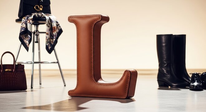 A brown leather letter L on a wooden floor with a black leather stool and black leather boots in the background.