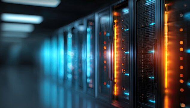 Rows of server racks illuminated with vibrant blue and orange lights