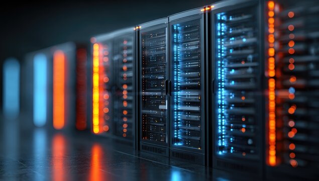 Rows of glowing server racks with blue and orange lights