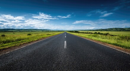 Fototapeta premium A long, empty asphalt road stretches towards rolling green hills under a vast blue sky