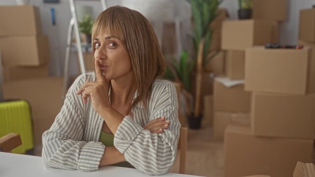 Woman with finger to lips for silence seated at table amid stacked cardboard boxes, ladder and suitcase in building; playful secrecy.