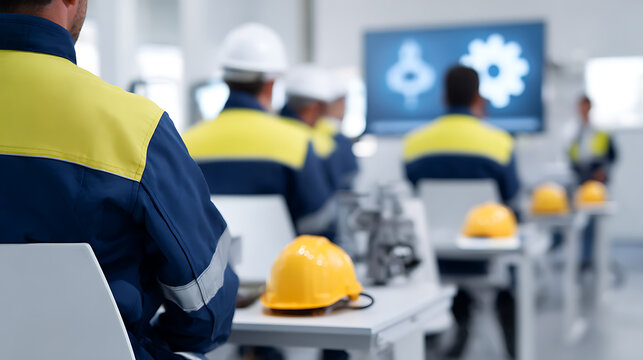 Industrial workers receive safety training in a modern facility, focused on a presenter and screen with technical diagrams for professional development