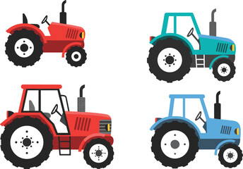 Set of colorful agricultural tractor vectors including red and blue farm machinery icons for farming industry and rural transport design. © fulbabu