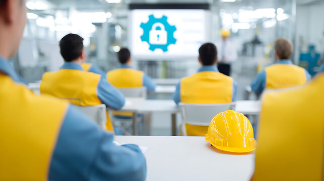 Group of industrial workers in uniform attend a safety training session in a modern factory setting with a presentation screen display