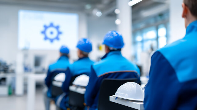 Industrial training event for technical workers in blue uniform, attending a conference with a gear icon on screen, focus on safety hard hat