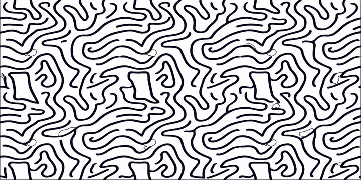 Abstract seamless vector pattern illustration featuring geometric black lines and curved wave shapes for a decorative fabric print or wallpaper texture