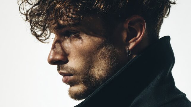 Ultra-realistic portrait of a young man in profile, facing left, with sharp masculine features and curly brown hair falling slightly over his forehead
