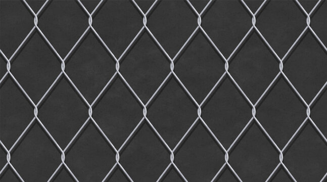 Metal wire chain fence on background of dark concrete wall. Seamless pattern of MMA cage grate with iron chainlink. Metal lattice of prison fence, vector illustration