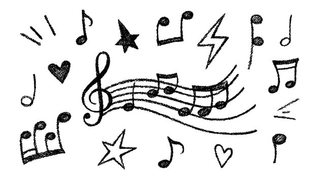 Black crayon music icons with notes, staff, treble clef. Hand drawn charcoal musical signs set isolated on white background. Note sheet elements with crayon pencil texture, vector illustration