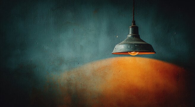 Old industrial pendant lamp illuminates textured wall with warm, glowing light