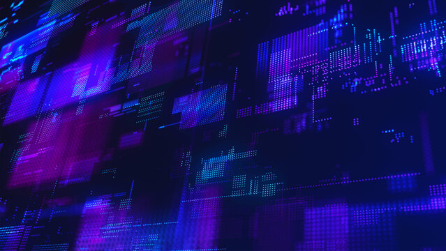 A futuristic high-tech background with a digital pixel matrix pattern on a blue background. A data stream or a futuristic map of a technological network. Dynamic particles of digital data penetrate cy
