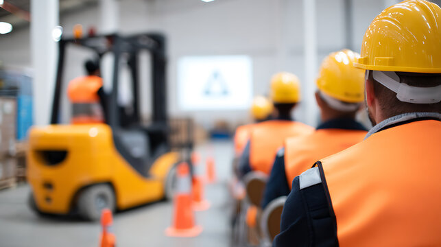 Industrial Safety Training: Workers in Hard Hats and Vests Attend a Forklift Operation Session within a Warehouse Environment with Cones and Equipment