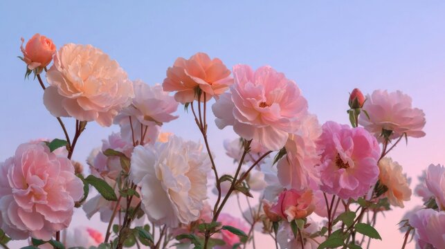 a full bouquet of pastel light pink and peach color roses with stems in sky backgorund
