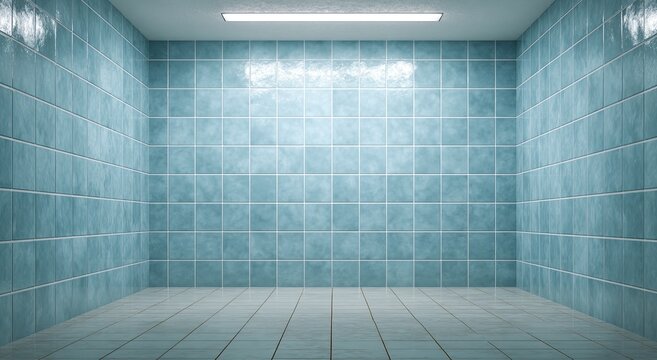 Empty, clean, bright room with pale blue tiled walls and white tiled floor