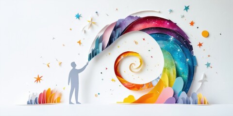 Fototapeta premium Silhouette reaches toward colorful paper swirl. Bright layers form galaxy, stars scatter around figure. Abstract art, vibrant design.