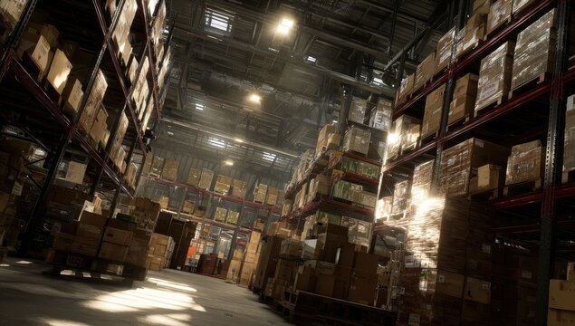 Rows of tall shelves stacked high with cardboard boxes in a dim warehouse