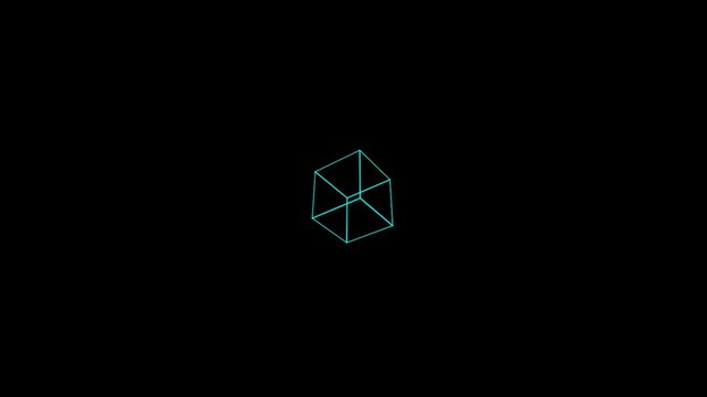 Minimalist Blue Wireframe Cube Rotating on a Stark Black Background