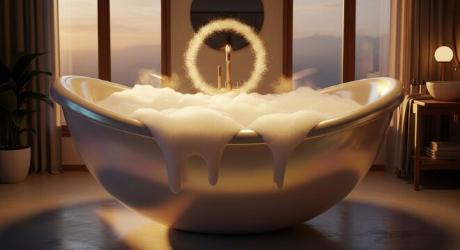 Relaxing spa scene luxurious bathtub with foam and steam at sunset