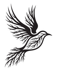 Naklejka premium Black Bird Flying with Branch Wings Isolated on White