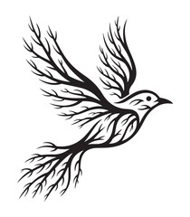 Fototapeta premium Black Bird Flying with Branch Wings Isolated on White