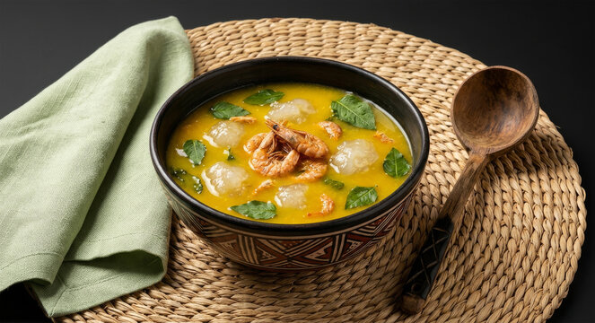 Traditional tacac&aacute; with dried shrimp and jambu in a handcrafted bowl with indigenous art on a straw base