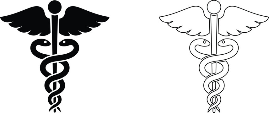 Medical caduceus symbol vector set, black silhouette and outline hermes staff icons, healthcare and pharmacy emblem for clinical branding