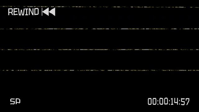 VHS Tape Rewind Retro Camera Interface Static Noise Overlay With Alpha Channel, 4K Video, and Loop Icon.