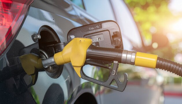 Fueling Up: A close-up shot of a car being refueled with gasoline, highlighting the details of the nozzle and the car's fuel tank, against a backdrop of natural elements.