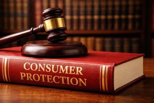 Wooden gavel resting on consumer protection law book with warm library lighting