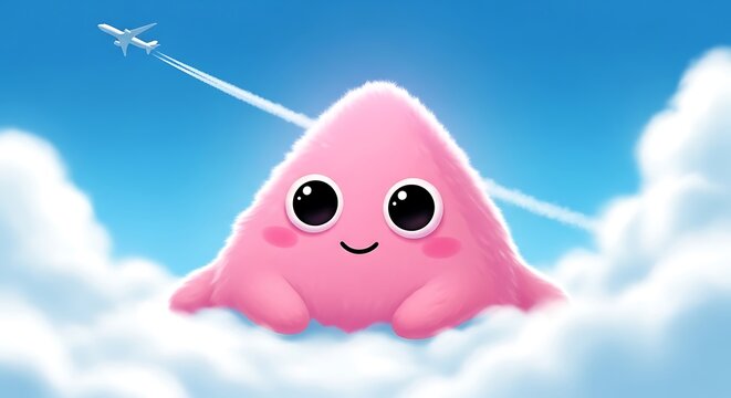 A fluffy pink creature floats above clouds with an airplane in a bright blue sky