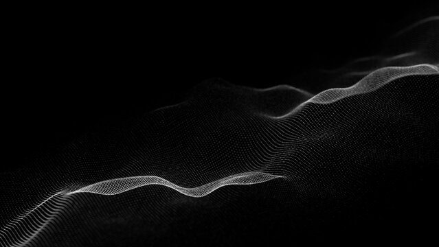 Futuristic moving wave. Digital dark background with moving particles. Big data visualization. 3d rendering