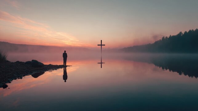 A peaceful person Standing in The water at the shore of a calm lake at dawn, Hands in prayer
