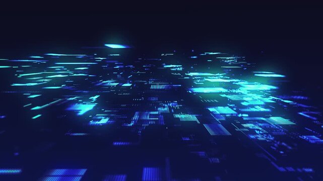 An animated background with a digital pixel matrix pattern on a blue background. A data stream or a futuristic map of a technological network. Dynamic particles of digital data penetrate cyberspace.