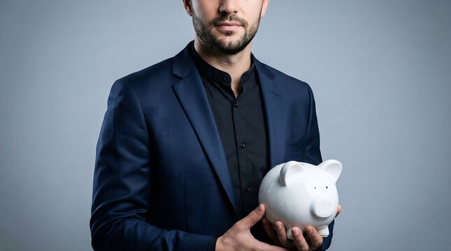 Professional man in a dark suit holding a white piggy bank, representing diligent financial planning, prudent savings, and strategic investment for future security and wealth growth