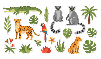 Retro Jungle Stickers Vector Collection Tropical Animals Plants Cartoon Doodle © MdSirazul