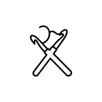 Two crossed medieval polearms possibly glaives or guisarmes depicted in stark black outline silhouette