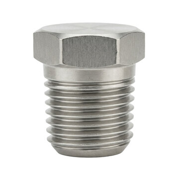 Industrial fluid gas handling components stainless steel hex plug with threaded body for pipe sealing and mechanical system connection
