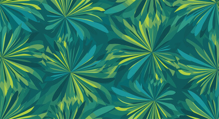 Naklejka premium Seamless organic pattern of stylized leaves or floral bursts in a soothing palette of green and blue tones on a dark teal background.