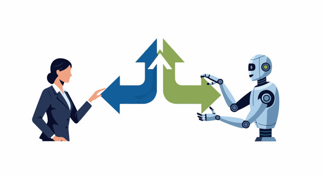 Woman and robot interact with diverging arrows illustrating choice and path