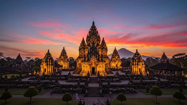Majestic Ancient Temple Illuminated at Fiery Sunset Majestic Landmark