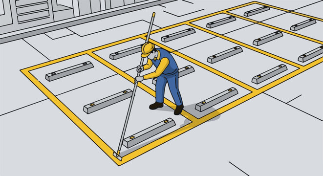 Worker painting yellow lines on a parking lot with car stoppers