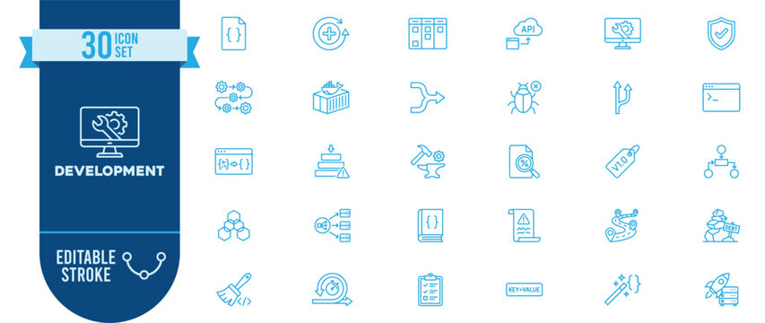 Development icon set. Contains icons related to coding, programming, API, software, web development, bug, database, security, algorithm, git, command line, and more. Editable stroke.
