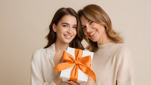 Mother and Daughter Holding a Gift Box. Family Moment for Mothers Day or Birthday Celebration. young daughter gives a white gift box to her senior mother