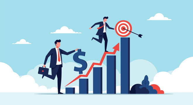 Ambitious businessman in a formal suit climbing a blue bar graph with a large dollar sign to reach a bullseye target.