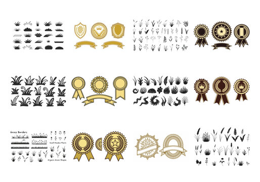 Collection of gold and black badges and botanical ribbons rosettes medals