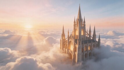 Naklejka premium Majestic stone castle rises above a sea of clouds at sunrise, creating a dreamy fantasy landscape with towers