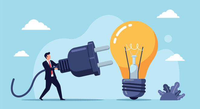 Professional man in a suit connecting a massive electric plug into a giant yellow light bulb to ignite a creative business idea.