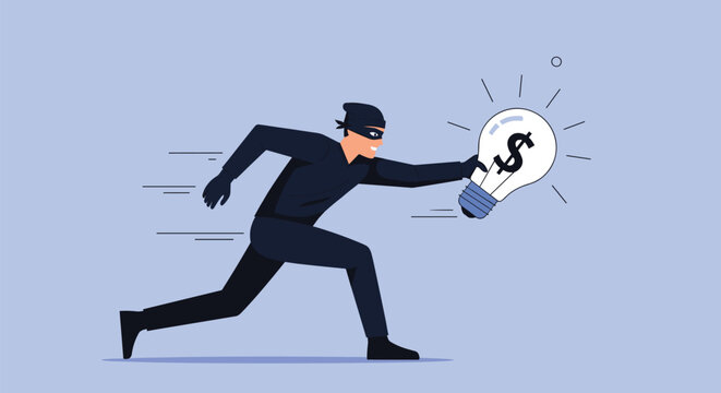 Masked thief running fast while stealing a bright light bulb with a dollar sign representing the theft of valuable intellectual property.