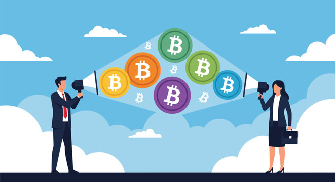 Corporate man and woman using megaphones to broadcast and promote colorful bitcoin symbols representing cryptocurrency market awareness.