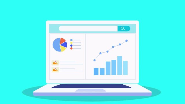 Flat animation of a laptop dashboard with pie chart, bar chart, user icons, progress bar, and rising line graph, representing data analytics, user activity, and business growth tracking.